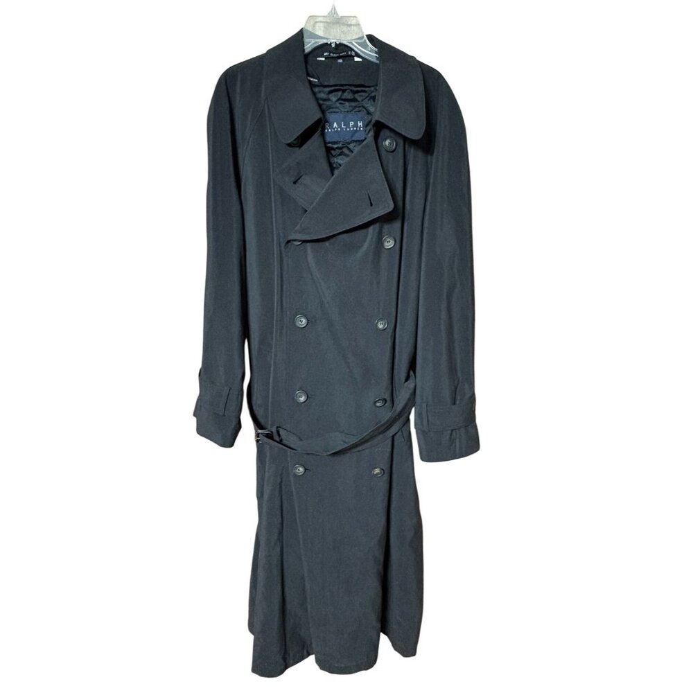 Vtg Ralph Lauren Trench Coat Black Double-Breasted Luxury Lined Men's 44R Wool